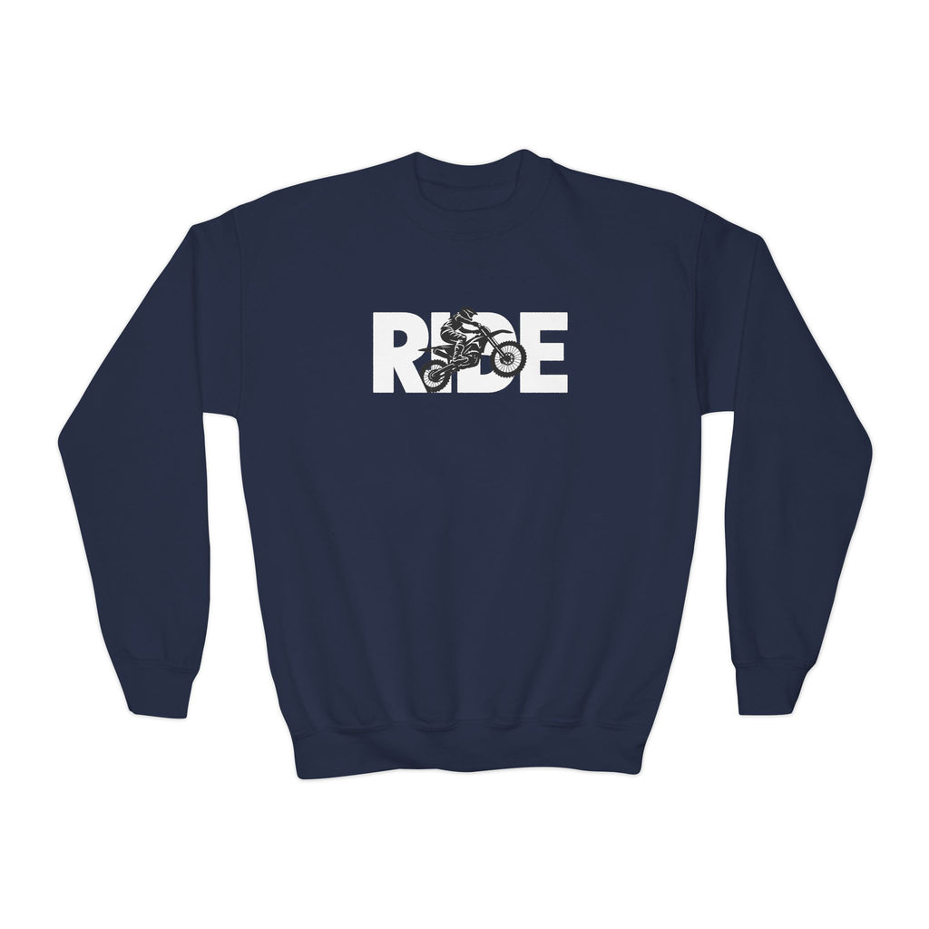 RIDE Dirt Bike Youth Sweatshirt | Dirt Bike Rider Graphic | Kids Youth Crewneck