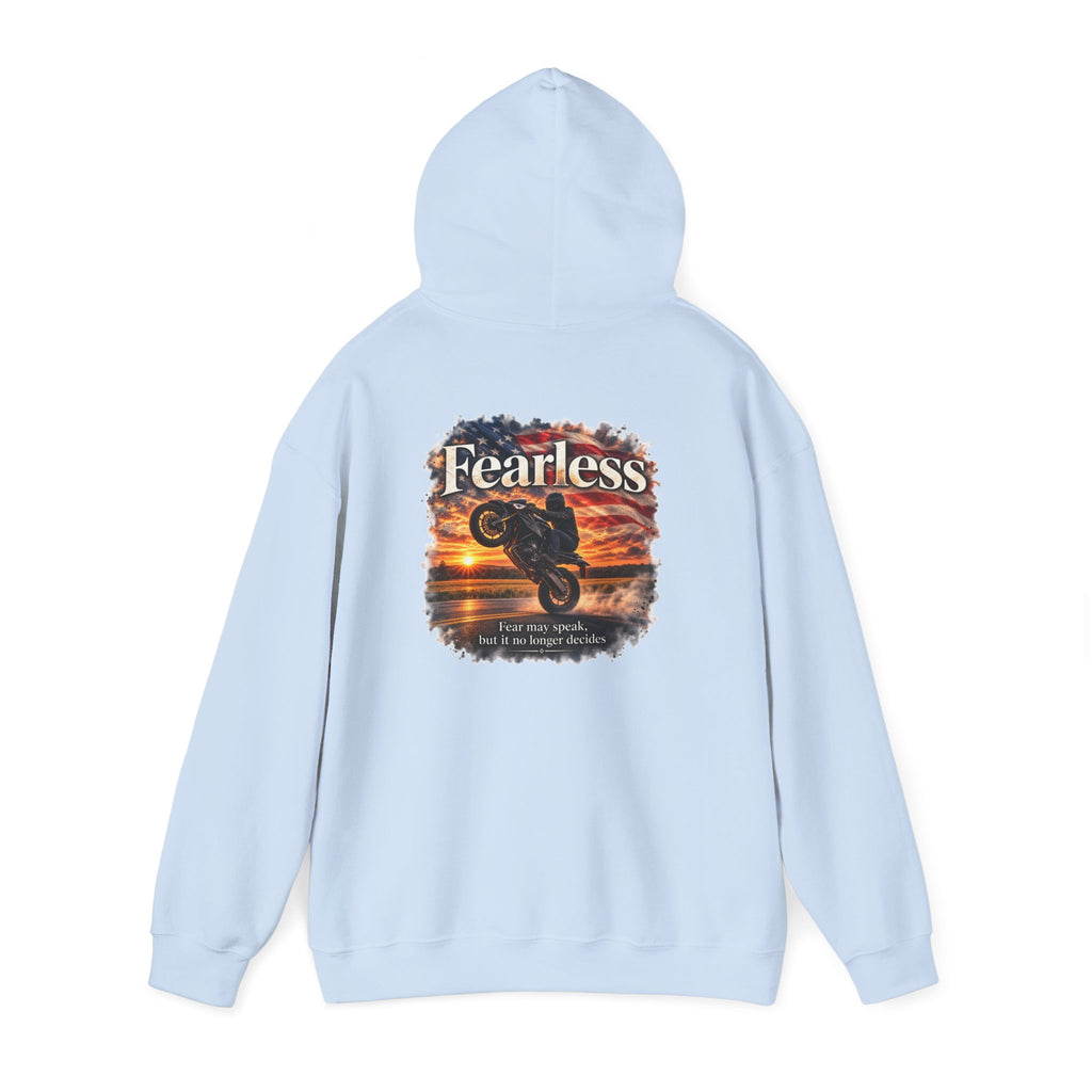 Fearless - Fear May Speak, But It No Longer Decides | Motorcycle Wheelie Hoodie | Front Logo and Back Print | Gildan Hoodie