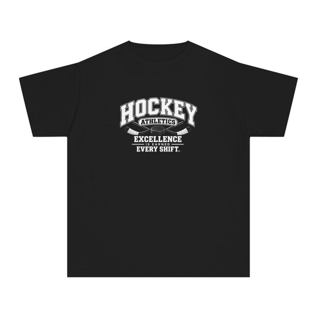 Hockey Athletics Youth T-Shirt | Excellence Is Earned Every Shift | Kids Hockey Comfort Colors Youth Tee