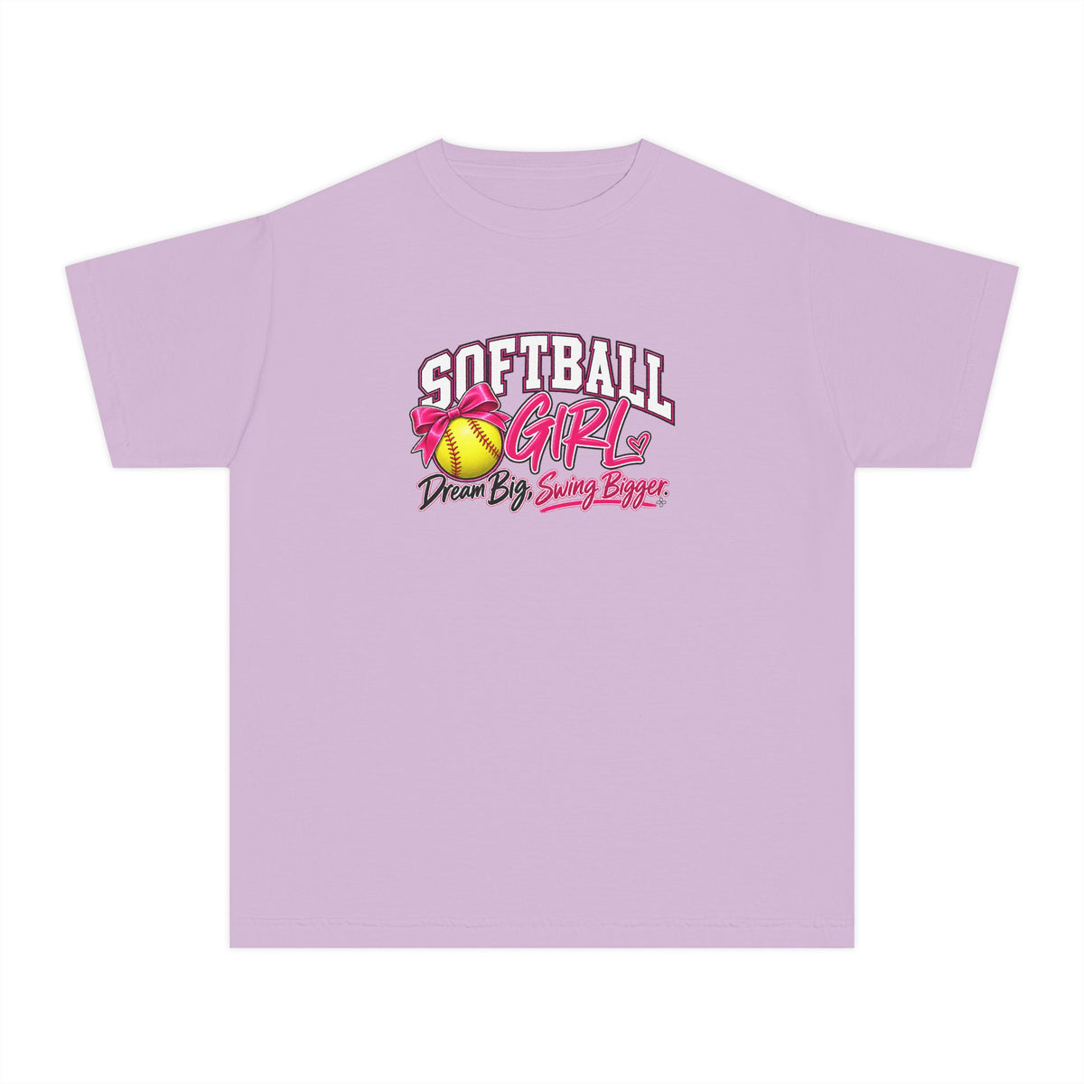 Softball Girl Youth T-Shirt | Dream Big, Swing Bigger | Girls Softball Comfort Colors Youth Tee