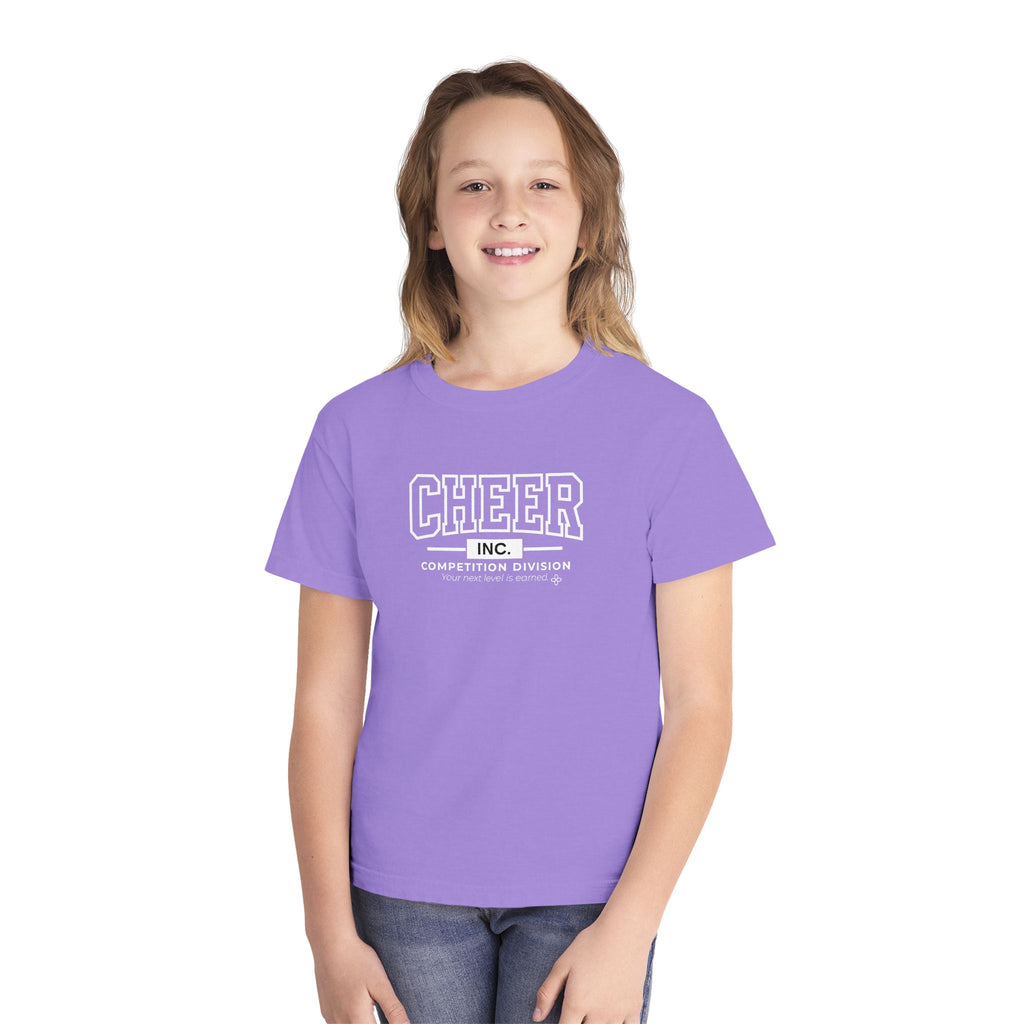 Cheer Inc. Competition Division Youth T-Shirt | Your Next Level Is Earned | Girls Cheer Comfort Colors Youth Tee