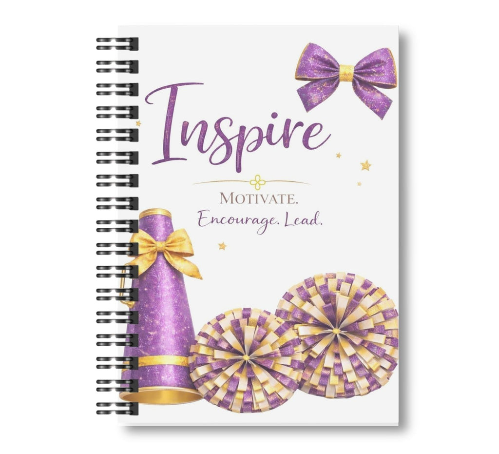 Inspire - Cheerleading Notebook 8.5"x11", Purple and Gold Wide Ruled Blank Notebook, Spiral Bound