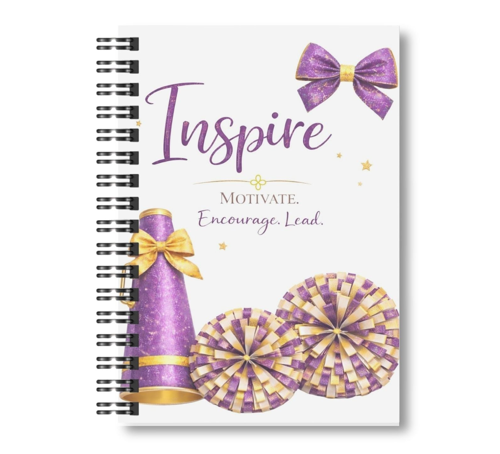 Inspire - Cheerleading Notebook 8.5"x11", Purple and Gold Wide Ruled Blank Notebook, Spiral Bound