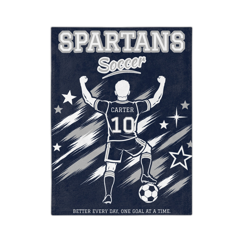 Personalized Boy Soccer Blanket - Player Spotlight Design | Custom Team Name, Number & Player Name | 2 Styles, Your Team Colors | Plush Throw