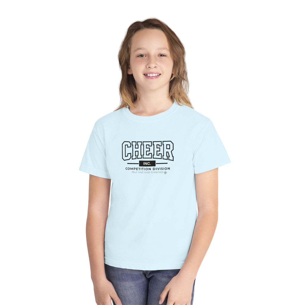 Cheer Inc. Competition Division Youth T-Shirt | Your Next Level Is Earned | Girls Cheer Comfort Colors Youth Tee