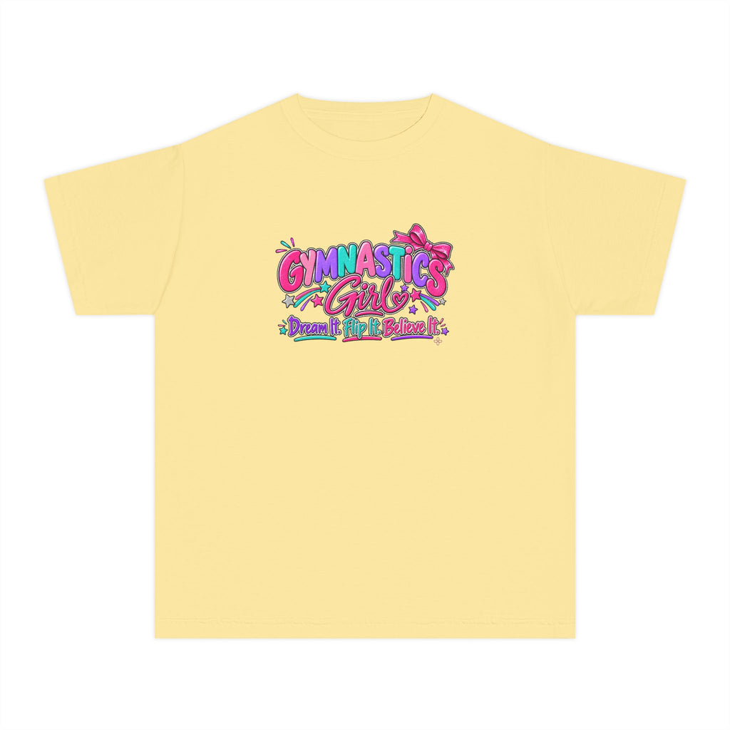 Gymnastics Girl Youth T-Shirt | Dream It, Flip It, Believe It | Girls Gymnastics Comfort Colors Youth Tee