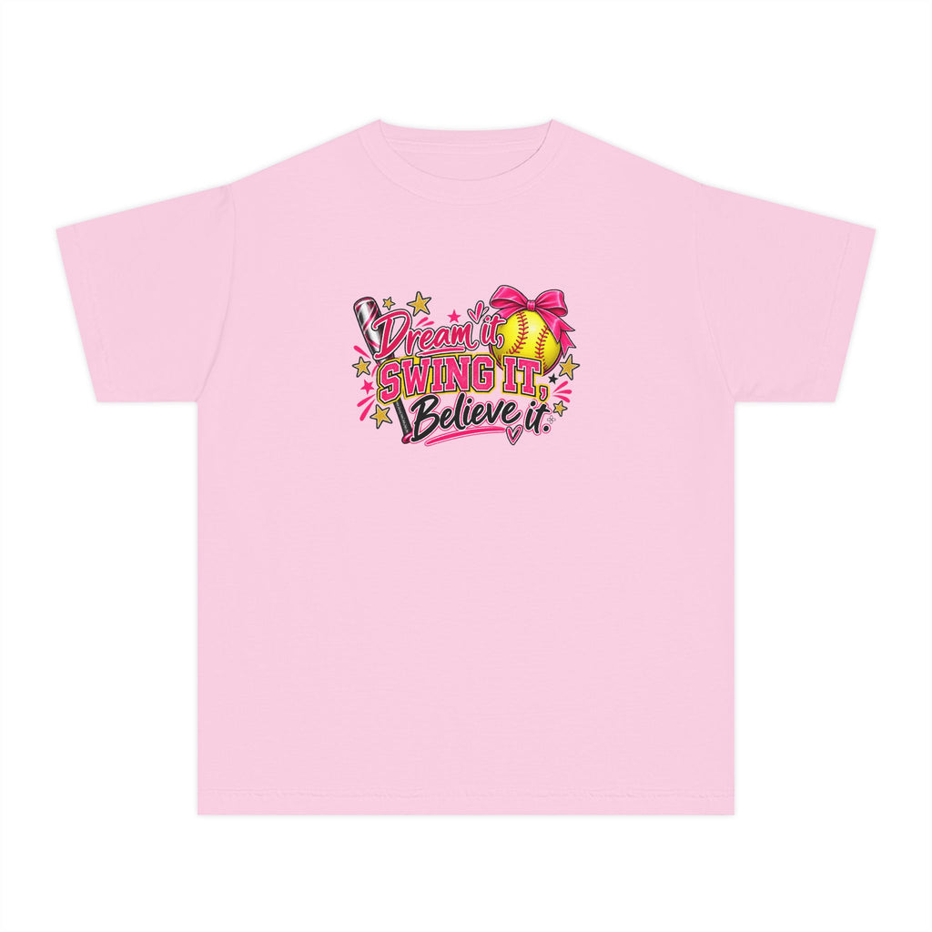 Dream It Swing It Believe It Youth T-Shirt | Softball Girl | Girls Softball Comfort Colors Youth Tee
