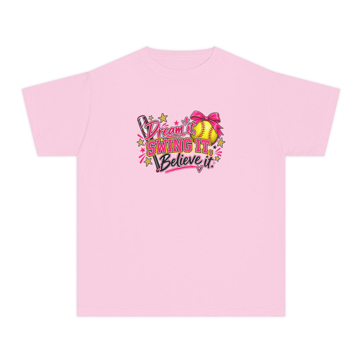 Dream It Swing It Believe It Youth T-Shirt | Softball Girl | Girls Softball Comfort Colors Youth Tee