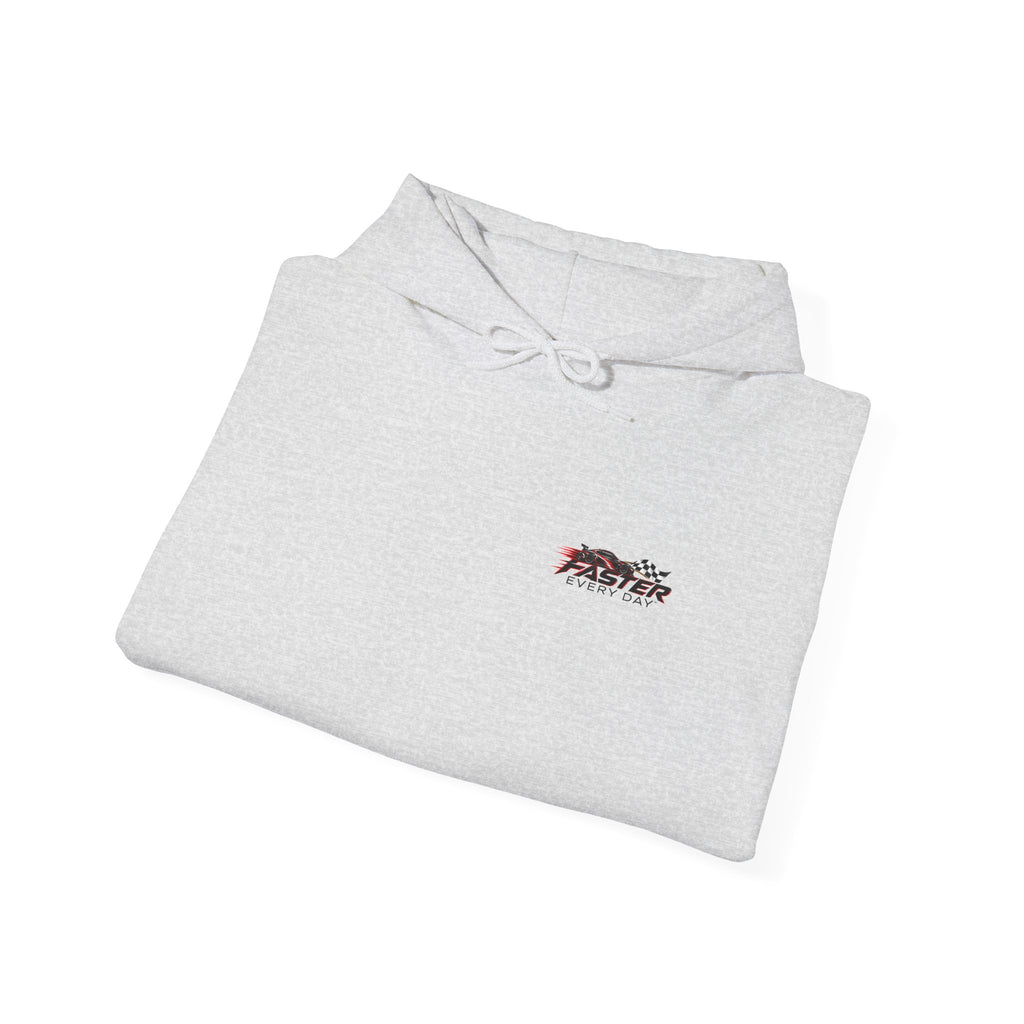 Faster Every Day Sports Car Hoodie | Driven to Be Better | Front Logo and Back Print | Gildan Hoodie