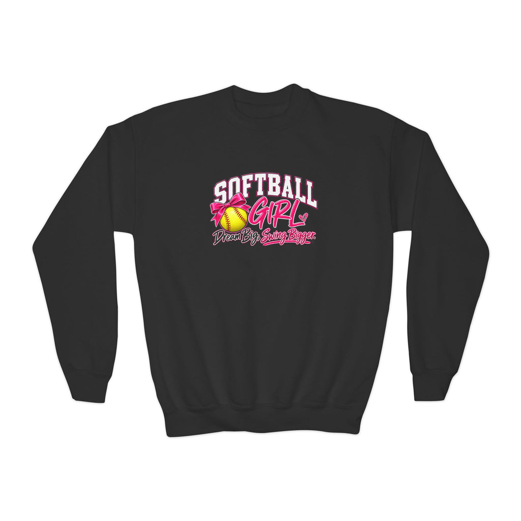 Softball Girl Youth Sweatshirt | Dream Big, Swing Bigger | Girls Softball Youth Crewneck
