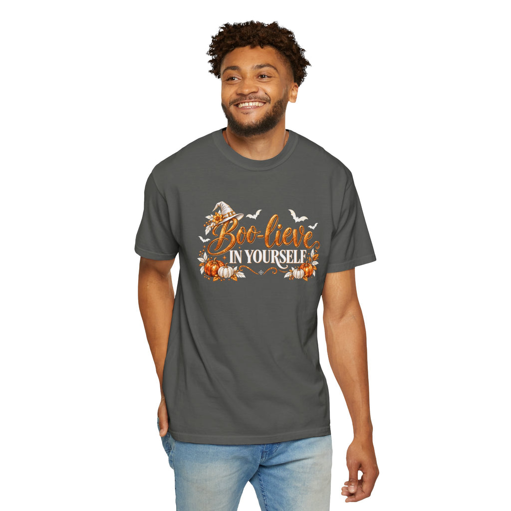 Inspirational Halloween T-Shirt - BOO-lieve In Yourself - Women's Comfort Colors Motivational Shirt