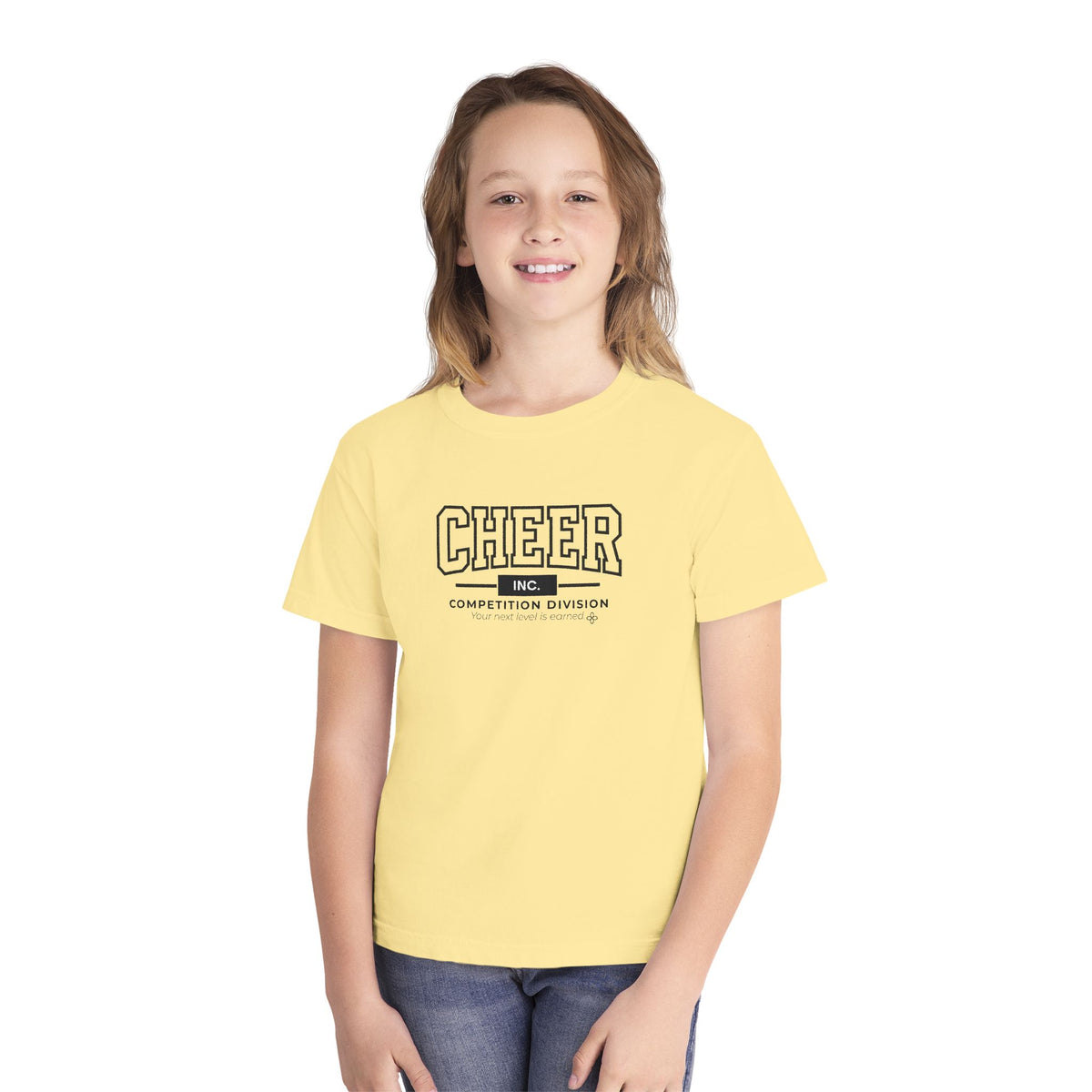 Cheer Inc. Competition Division Youth T-Shirt | Your Next Level Is Earned | Girls Cheer Comfort Colors Youth Tee