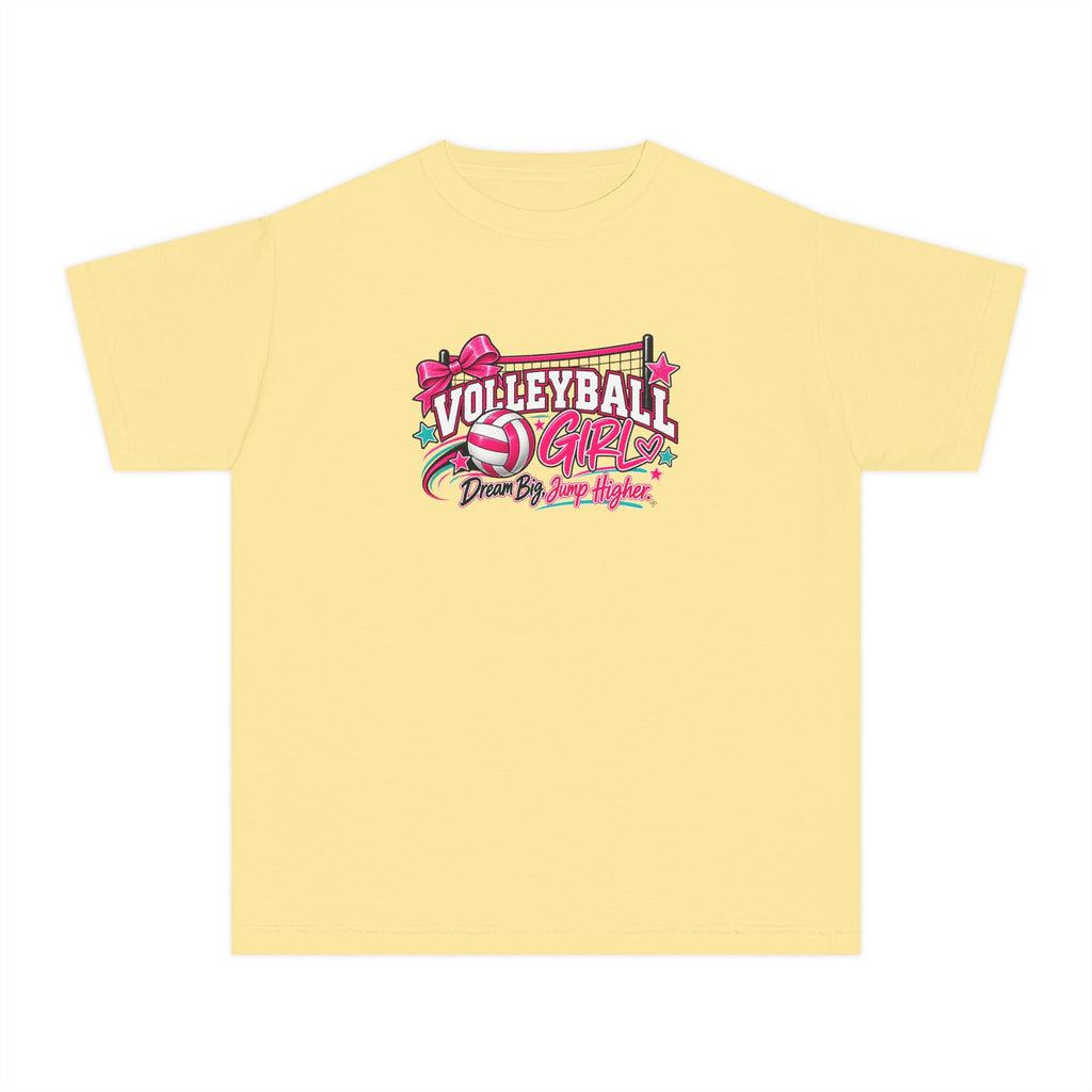 Volleyball Girl Youth T-Shirt | Dream Big, Jump Higher | Girls Volleyball Comfort Colors Youth Tee
