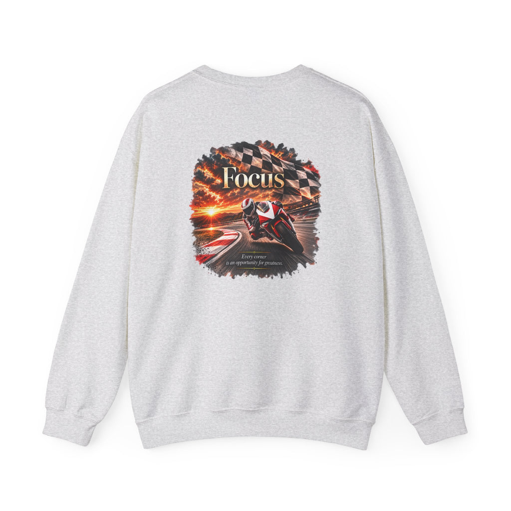 Focus - Every Corner Is an Opportunity for Greatness | Motorcycle Racing Gift | Front Logo and Back Print | Gildan Crewneck Sweatshirt