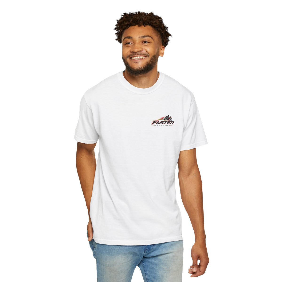 Faster Every Day Racing Badge Tee | Front Logo and Back Print | Motorcycle Shirt | Comfort Colors T-Shirt