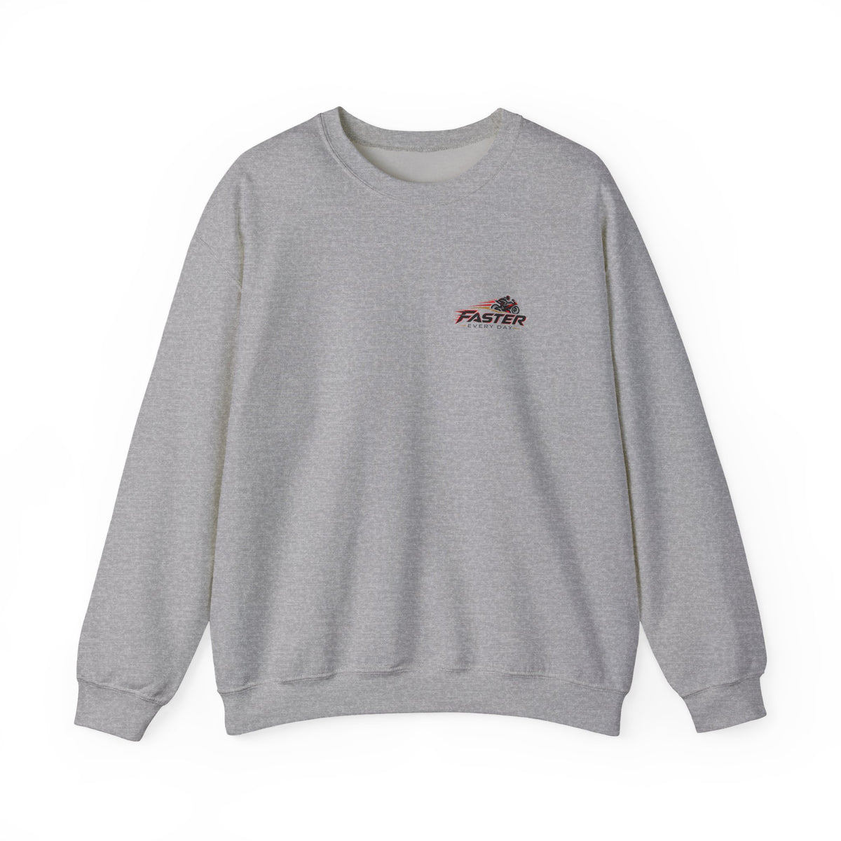 Faster Every Day Racing Badge Sweatshirt | Front Logo and Back Print | Motorcycle Gift | Gildan Crewneck Sweatshirt