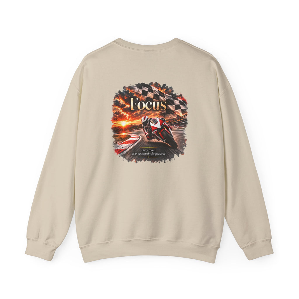 Focus - Every Corner Is an Opportunity for Greatness | Motorcycle Racing Gift | Front Logo and Back Print | Gildan Crewneck Sweatshirt