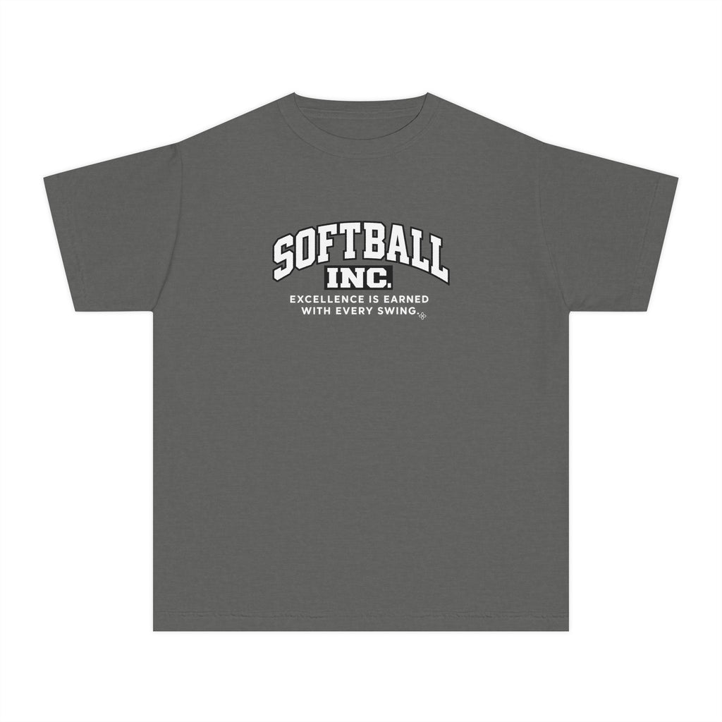 Softball Inc. Youth T-Shirt | Excellence Is Earned With Every Swing | Girls Softball Comfort Colors Youth Tee