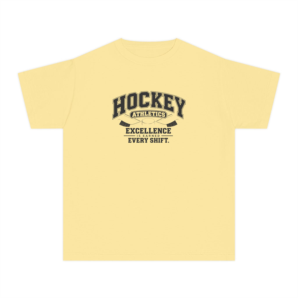 Hockey Athletics Youth T-Shirt | Excellence Is Earned Every Shift | Kids Hockey Comfort Colors Youth Tee