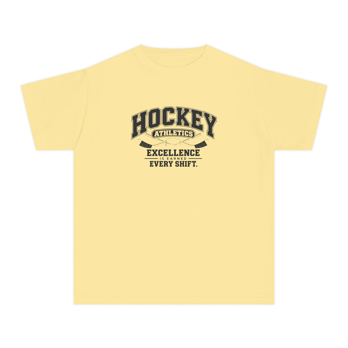 Hockey Athletics Youth T-Shirt | Excellence Is Earned Every Shift | Kids Hockey Comfort Colors Youth Tee