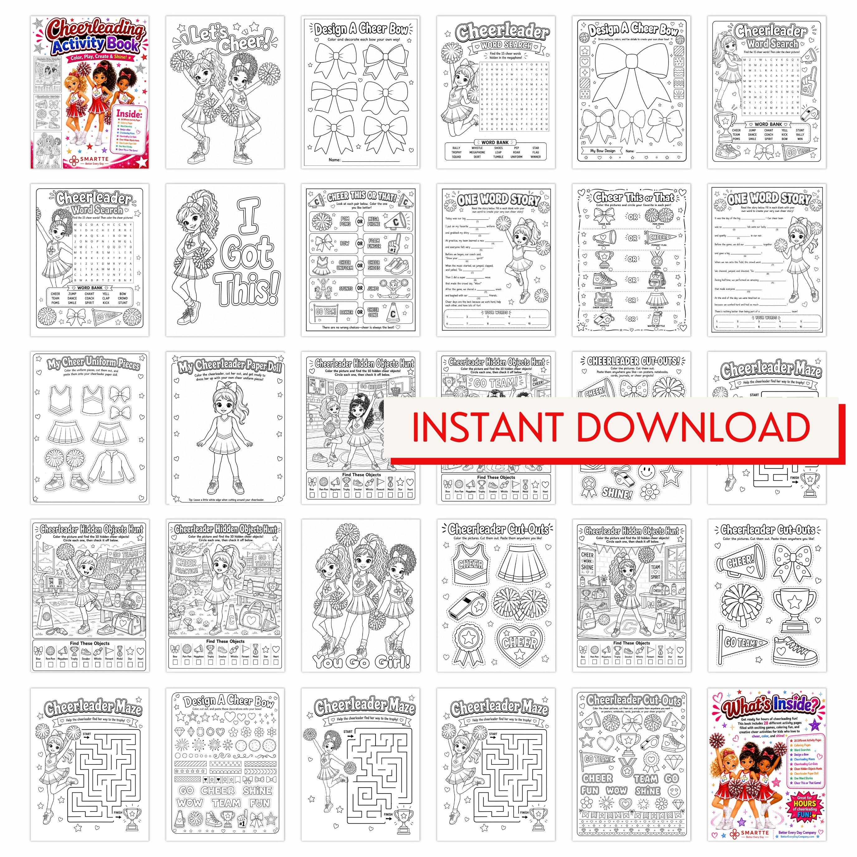 Cheerleading Activity Book Printable | 28 Pages, Games, Coloring (Digital Download)