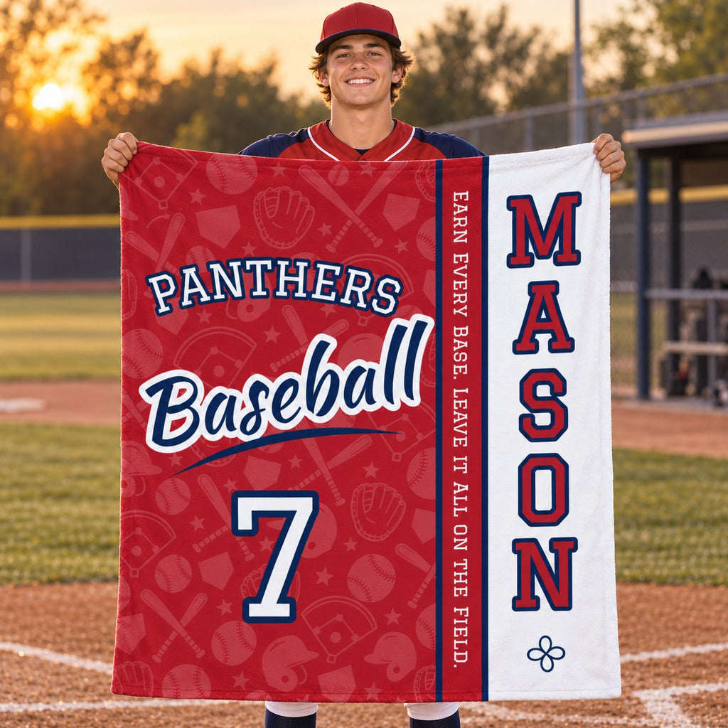 Personalized baseball blanket varsity split design held by a player on the field