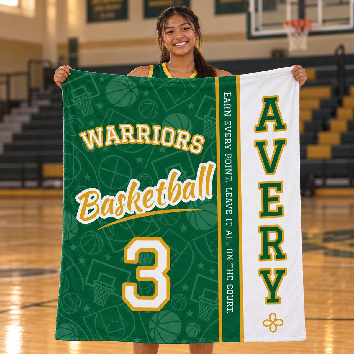 Personalized basketball blanket varsity split design held by a player on the court
