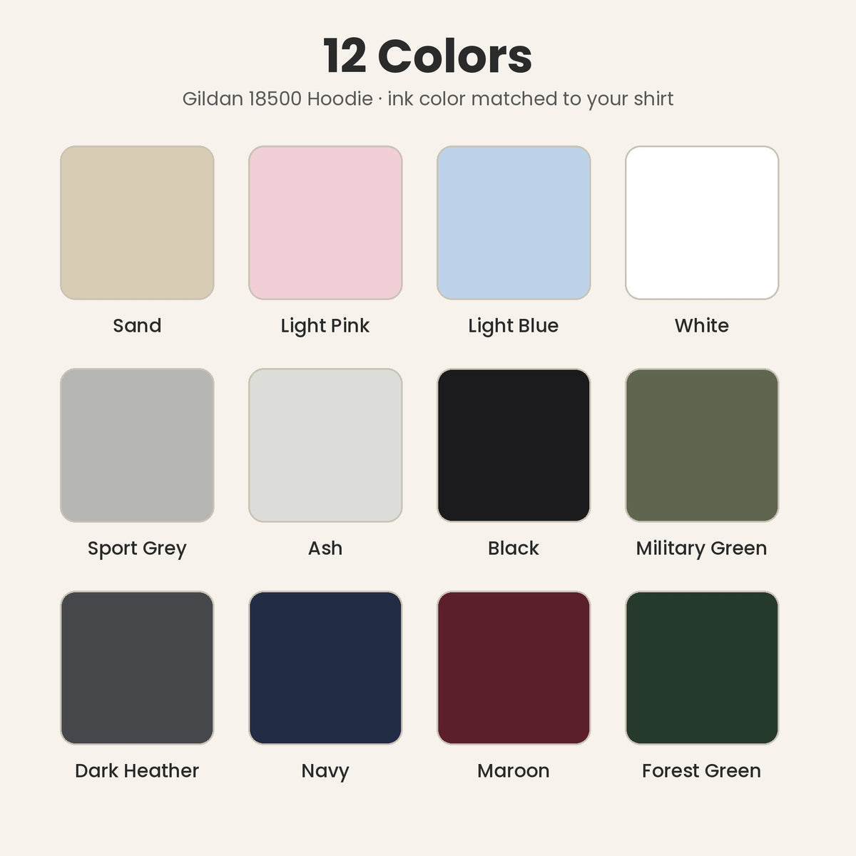 Gildan 18500 hoodie color chart - 12 colors