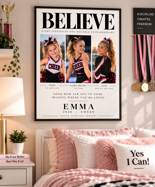 Believe Personalized CHEERLEADING Story Satin Poster - Motivational Story Wall Art Print:  18 x 24 or 24 x32