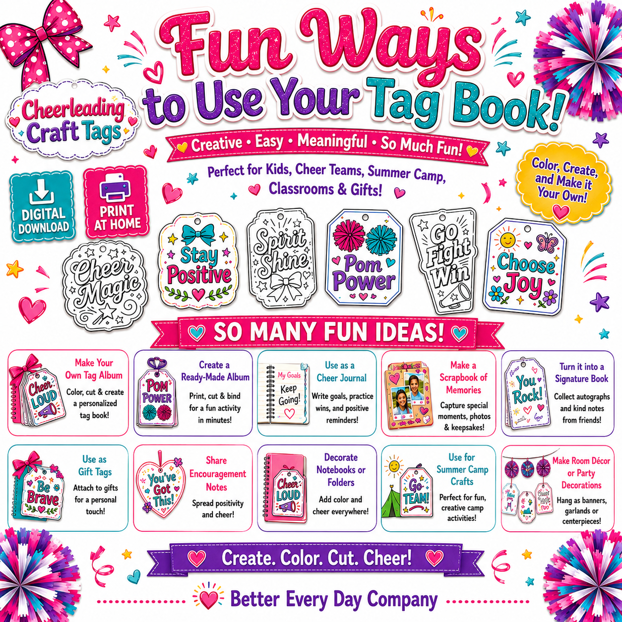 Cheerleading Craft Tags Printable Activity Book | Digital Download, Cheerleader Crafts, Scrapbook