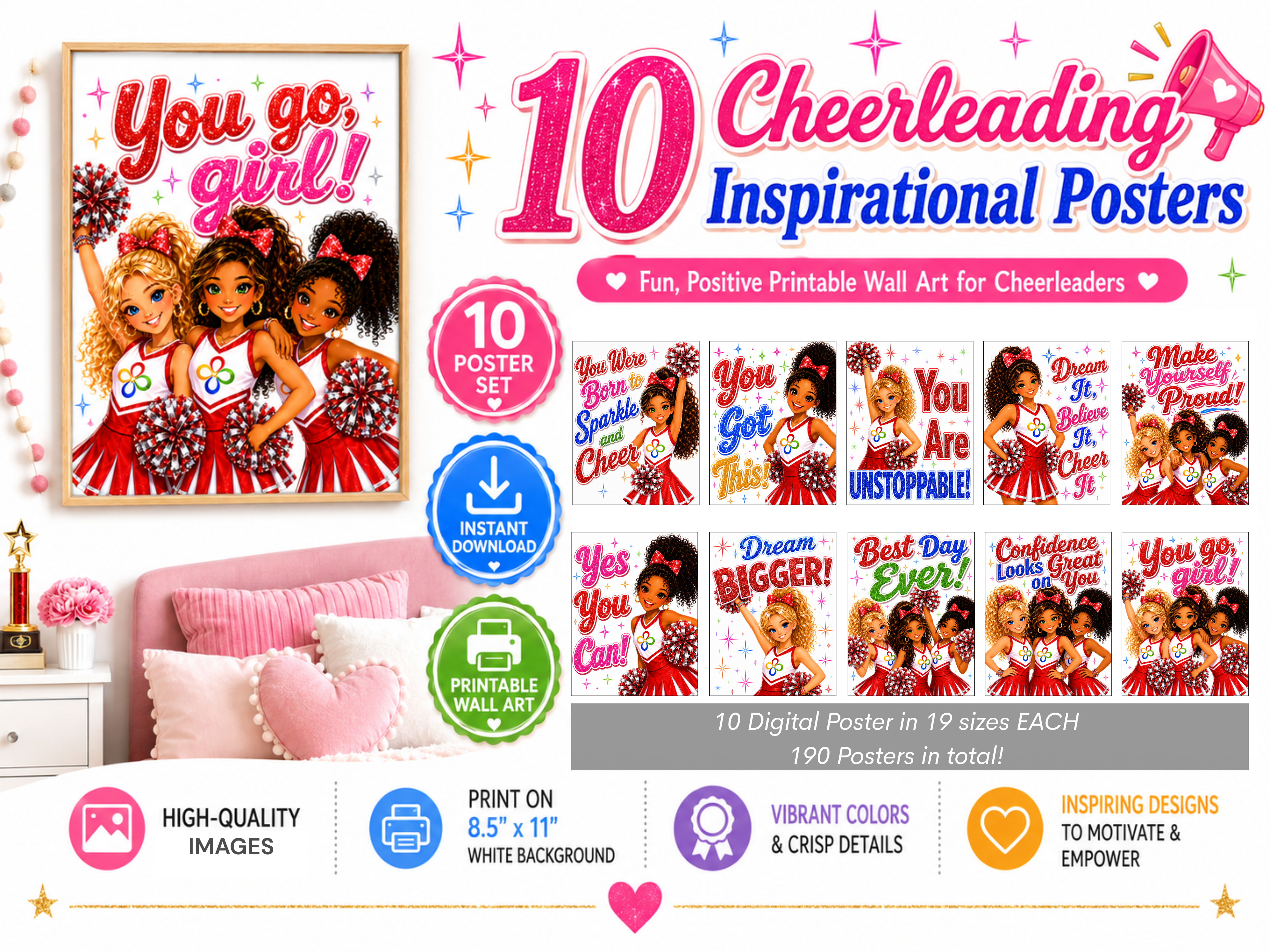 10 Cheerleading Inspirational Posters Bundle Printable Wall Art for Girls Bedrooms, Cheer Rooms, Classrooms, Gyms & Team Inspiration