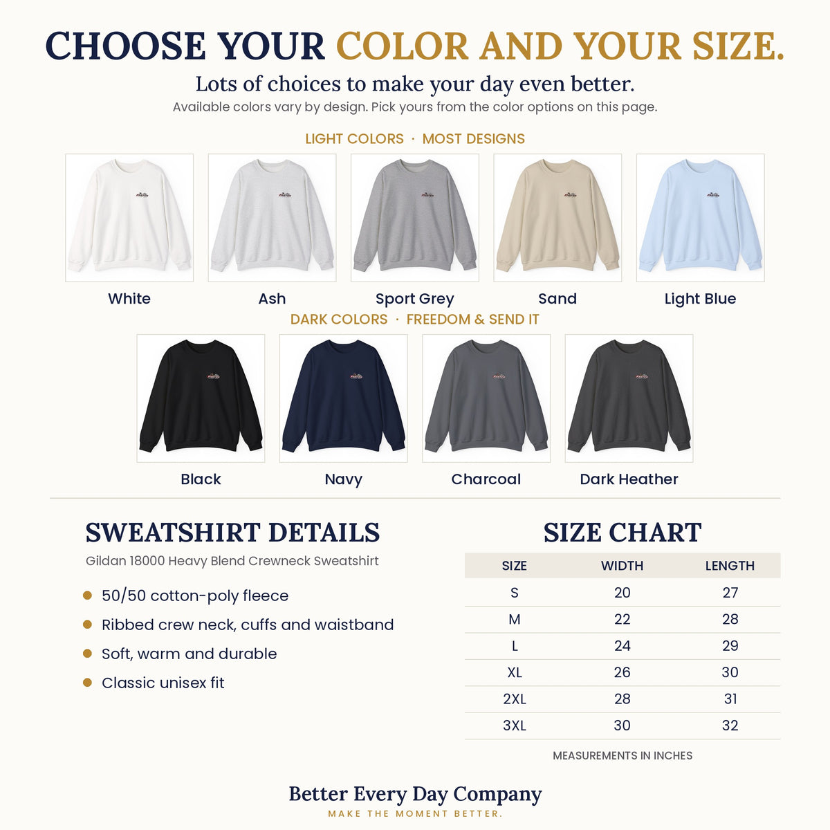 Gildan 18000 Sweatshirt - Color and Size Chart