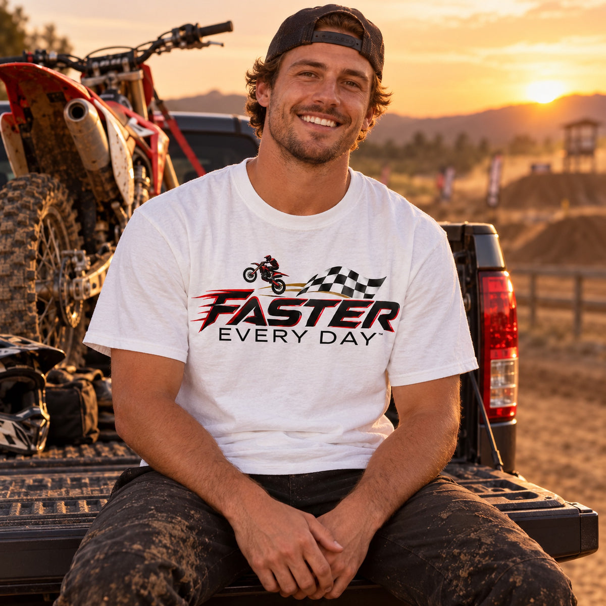 Faster Every Day Dirt Bike Checkered Flag Logo Tee - Lifestyle