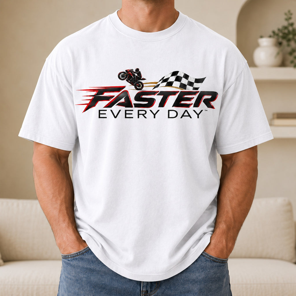 Faster Every Day Checkered Flag Logo Tee - Front and Back