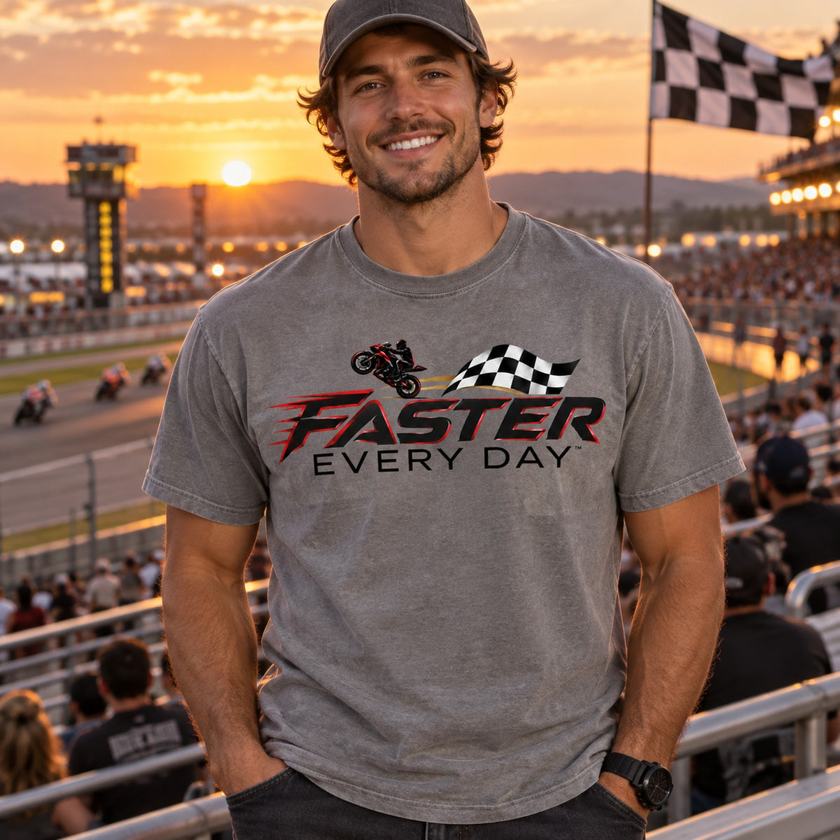 Faster Every Day Checkered Flag Logo Tee - Lifestyle