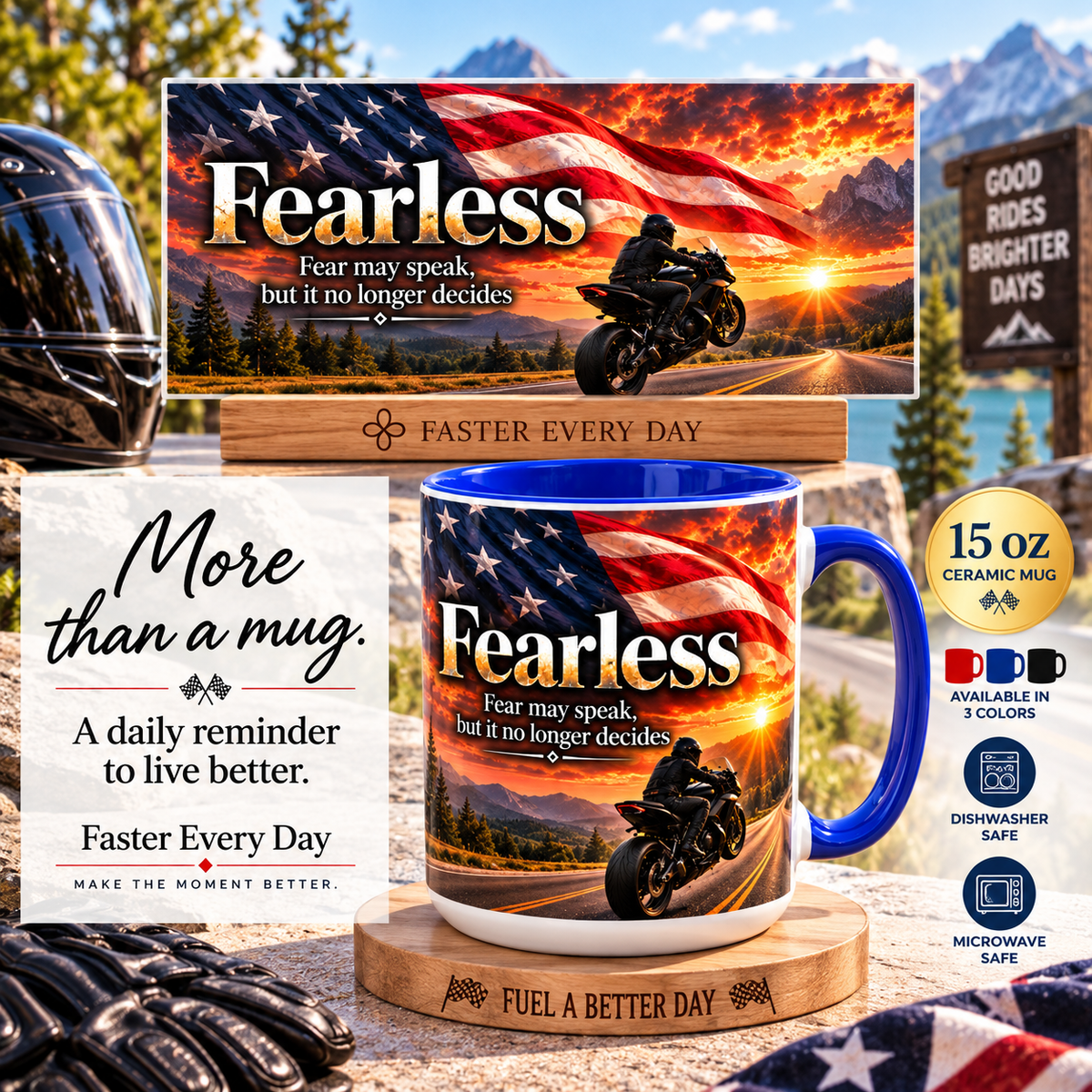 Fearless - Fear May Speak, But It No Longer Decides | 15 oz Motorcycle Wheelie Mug, Coffee Cup