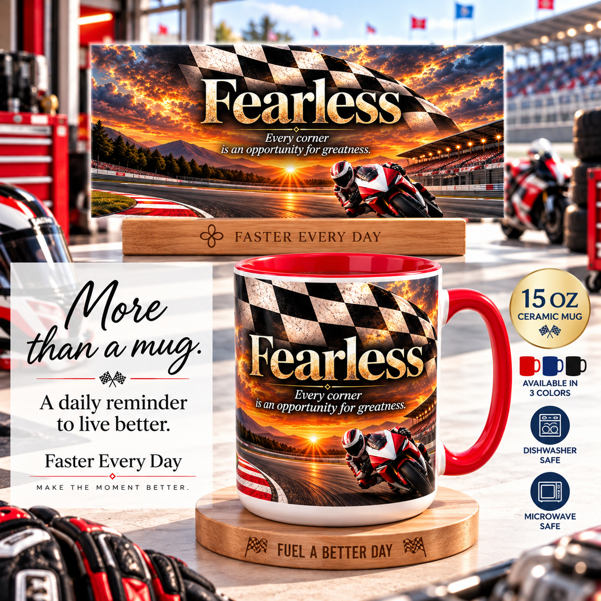 Fearless - Every Corner Is an Opportunity for Greatness | 15 oz Sport Bike Racing Mug, Coffee Cup