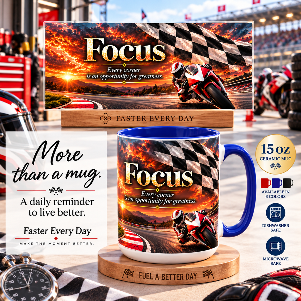 Focus - Every Corner Is an Opportunity for Greatness | 15 oz Motorcycle Racing Mug, Coffee Cup