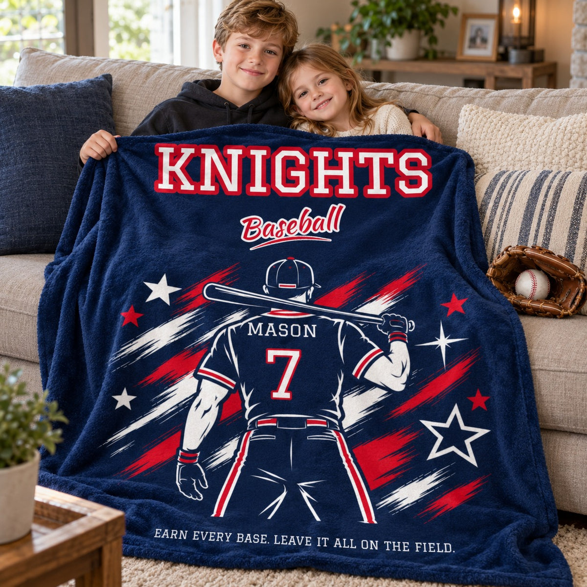 Personalized Baseball Blanket Player Spotlight design with a young player