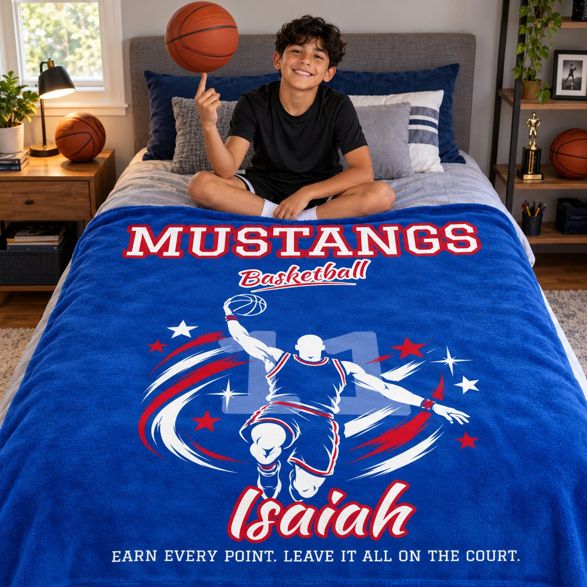 Personalized Basketball Blanket Player Spotlight design with a young player