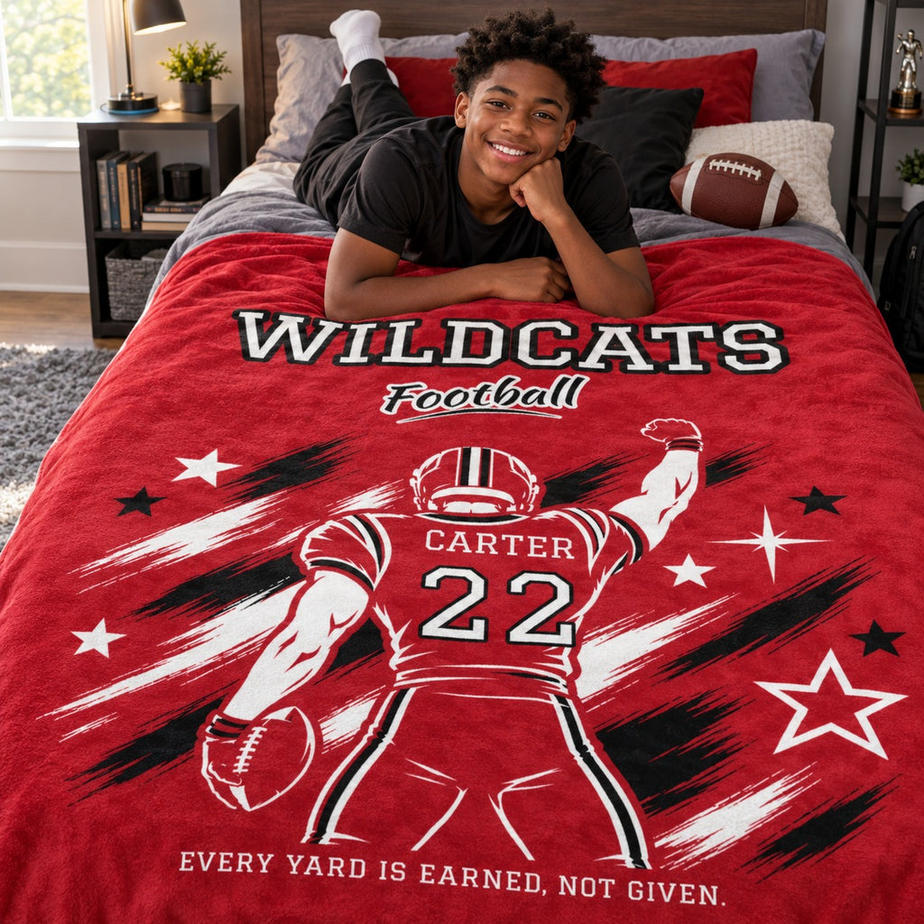 Personalized Football Blanket Player Spotlight design on a kids bed