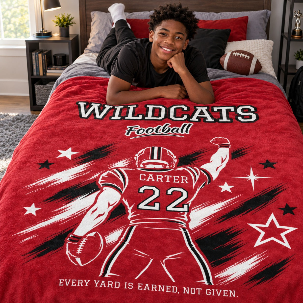 Personalized Football Blanket Player Spotlight design on a kids bed