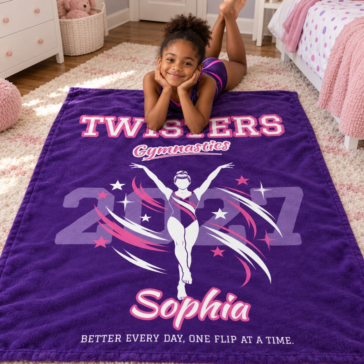Personalized Gymnastics Blanket Player Spotlight design with a gymnast