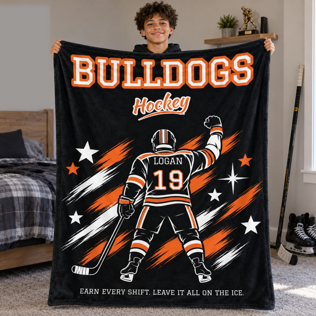 Personalized Hockey Blanket Player Spotlight design with a young player