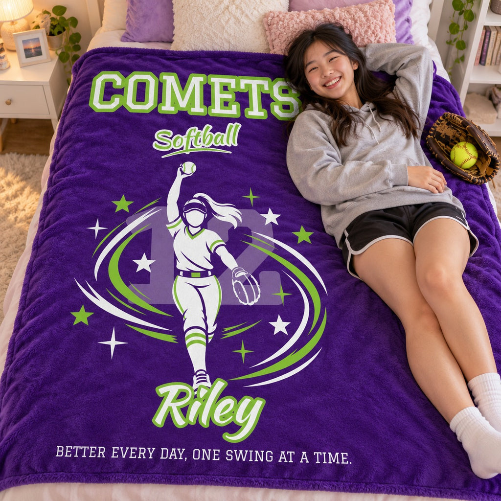 Personalized Softball Blanket Player Spotlight design with a young player