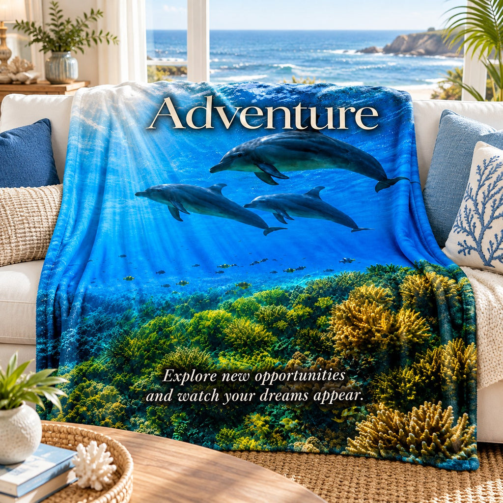 Adventure motivational quote blanket draped over a sofa