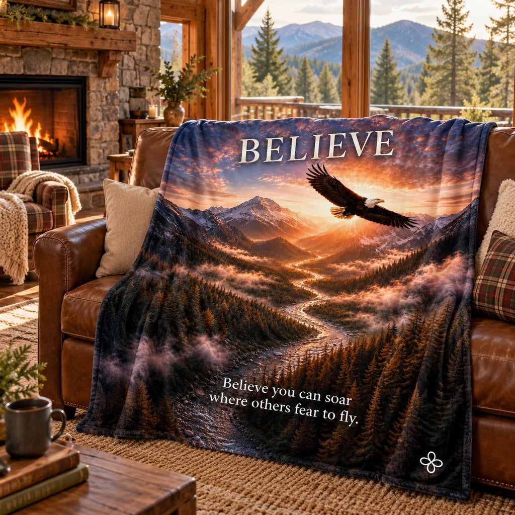 Believe motivational quote sherpa blanket draped over a sofa