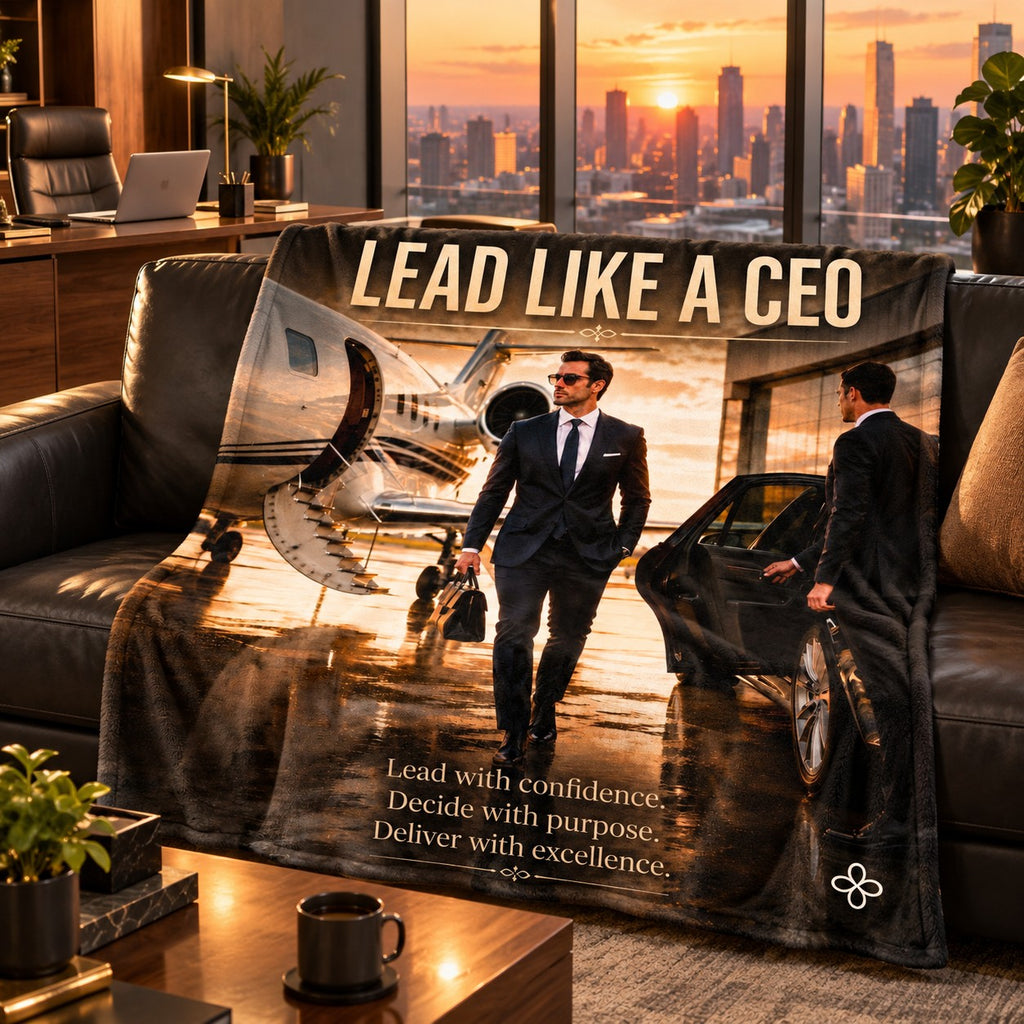 Lead Like a CEO motivational quote sherpa blanket draped over a sofa