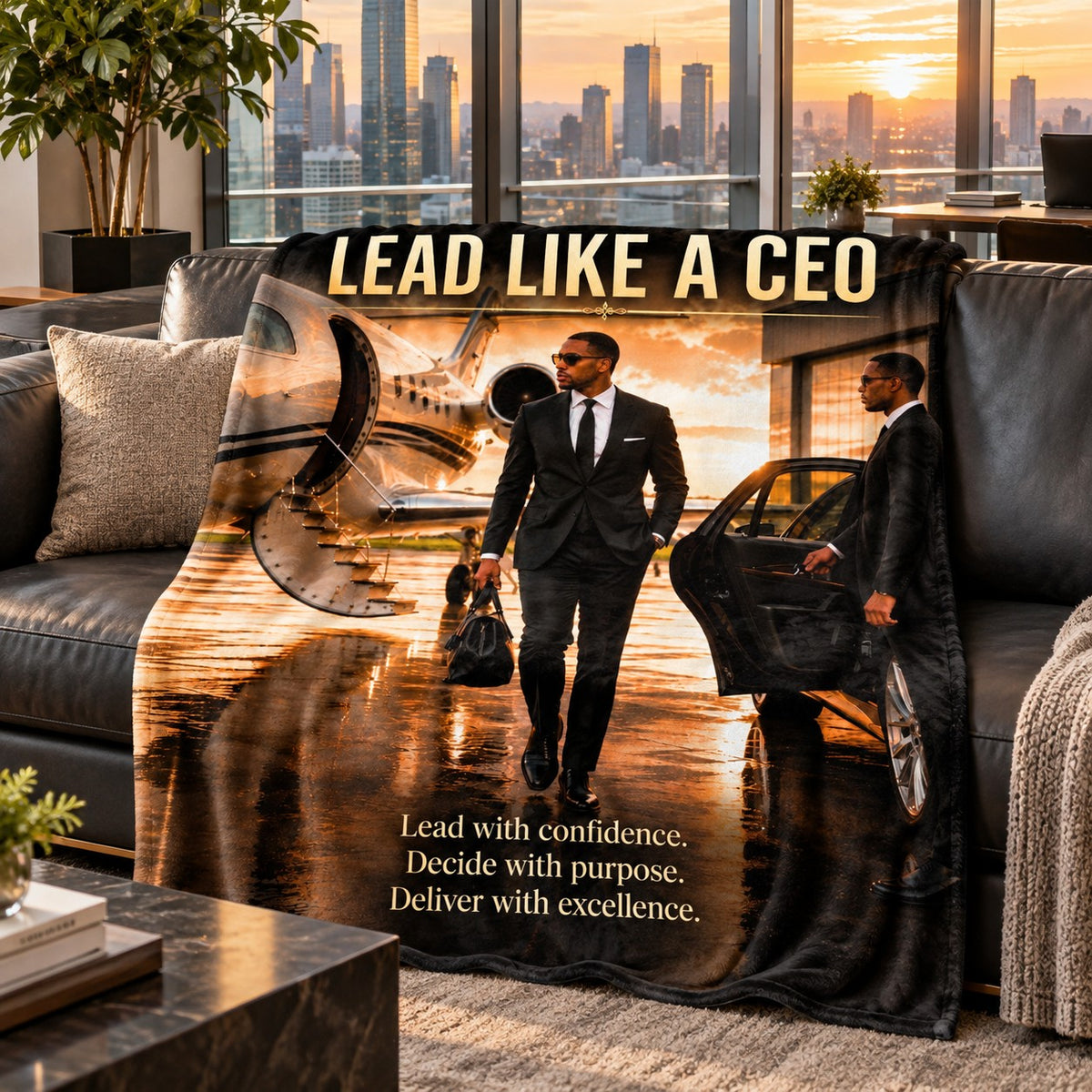 Lead Like a CEO motivational quote blanket draped over a sofa