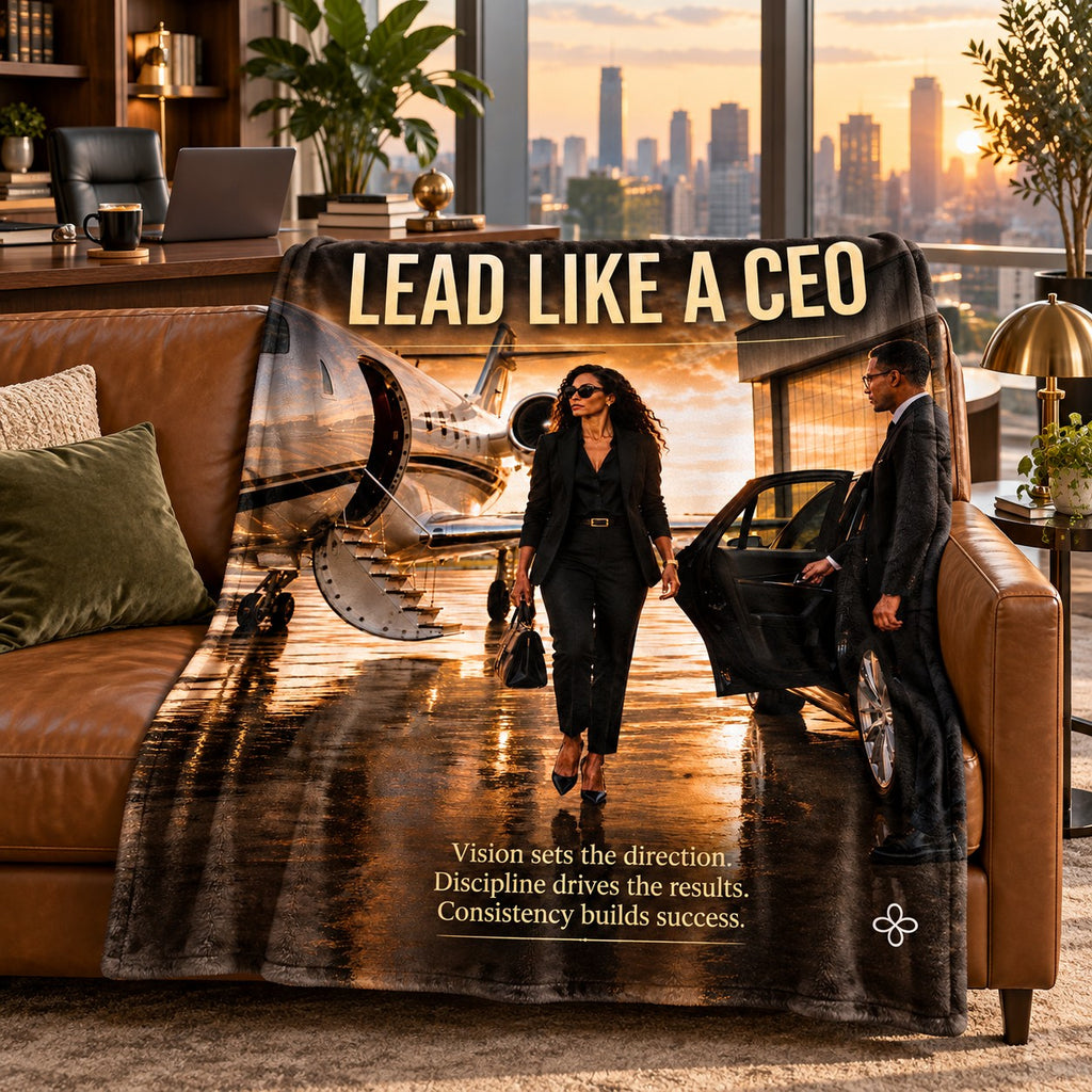 Lead Like a CEO motivational quote sherpa blanket on a leather sofa in an executive office